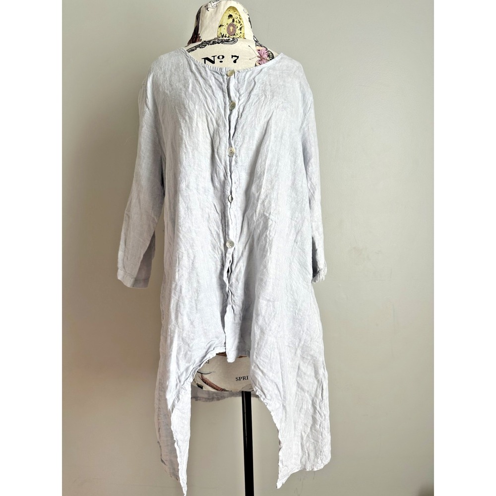 Tempo Paris Small Womens Top Lagenlook Long Button Light Gray Linen Tab Sleeve